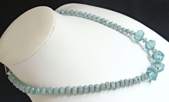 Recycled glass in beautiful shade of aqua blue. Complimented with small Amazonite rondels and silver toned pewter leaf spacers. Closes at 19 inches with a pewter leaf toggle.